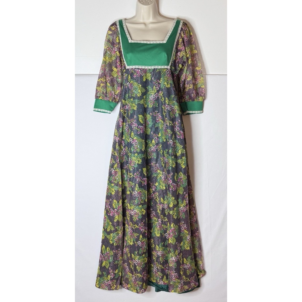 1970 60s 70s Regency Cottagecore Maxi Dress S / M  Mesh Cottage Floral FLAW READ